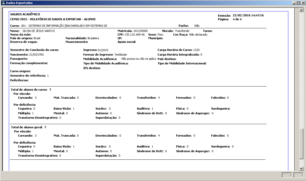 Exportação de arquivo - Por Alunos - Exemplo de relatório de Dados exportados