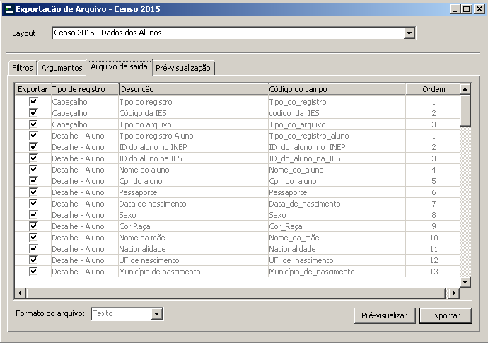 Exportação de arquivo - Por Alunos - Arquivo de Saída