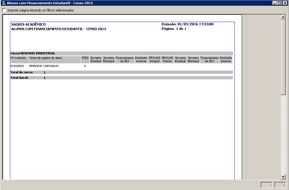 Dados registrados - Alunos com financiamento - Relatório