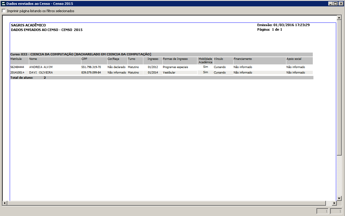 Relatórios - Dados enviados ao censo