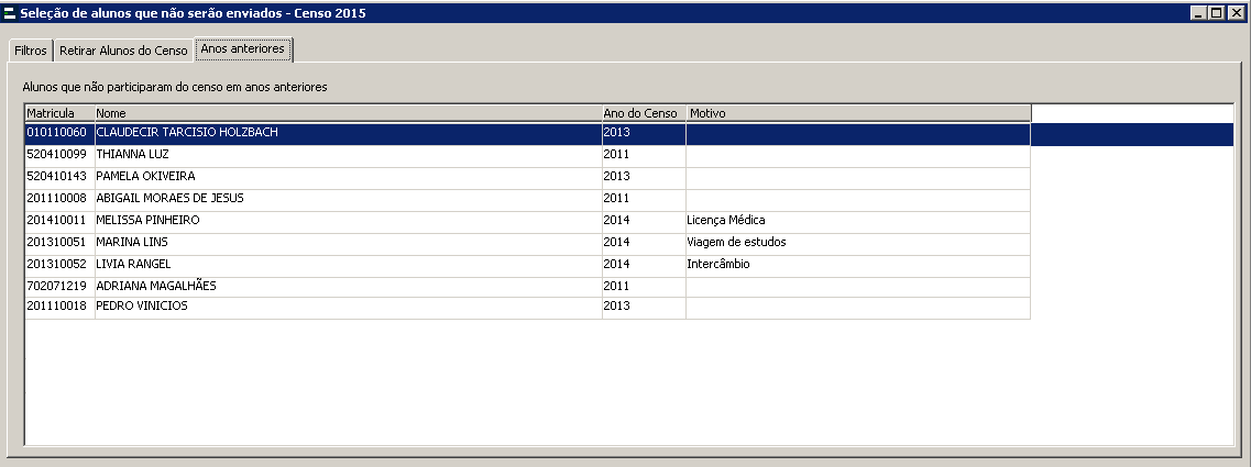 Alunos que não serão enviados - Anos anteriores
