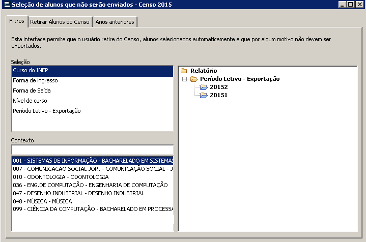 Alunos que não serão enviados - Filtros