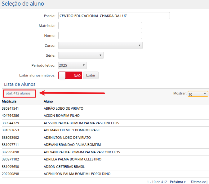 DW-interface-Consulta-Boletim-selecao-de-aluno-total-de-alunos-obtidos