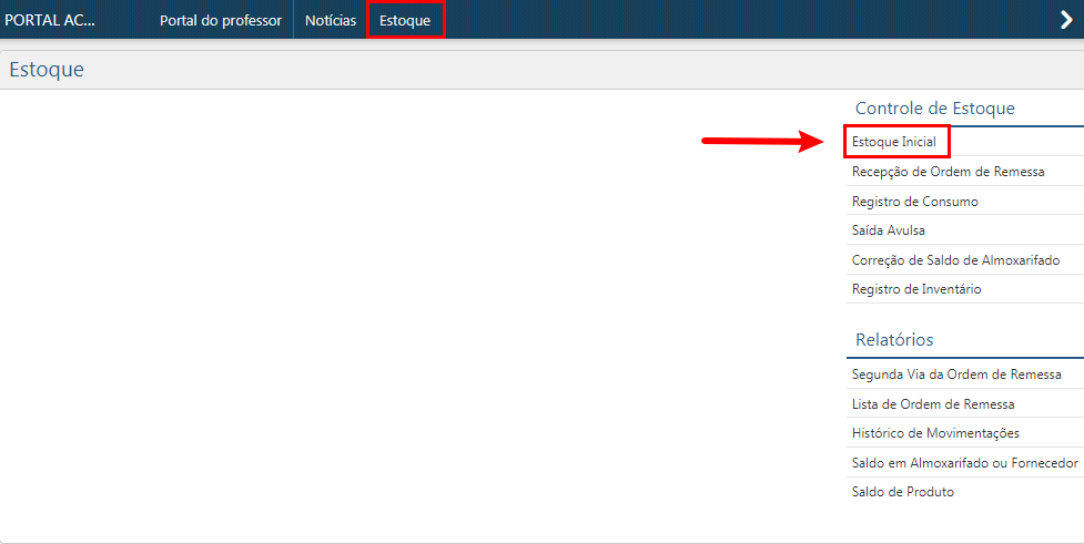 Menu - Controle de Estoque - Estoque Inicial