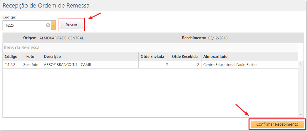 ​Interface Recepção de Ordem de Remessa