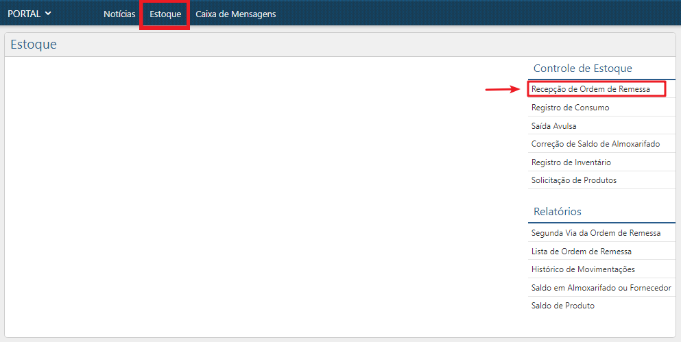 Menu Recepção de Ordem de Remessa