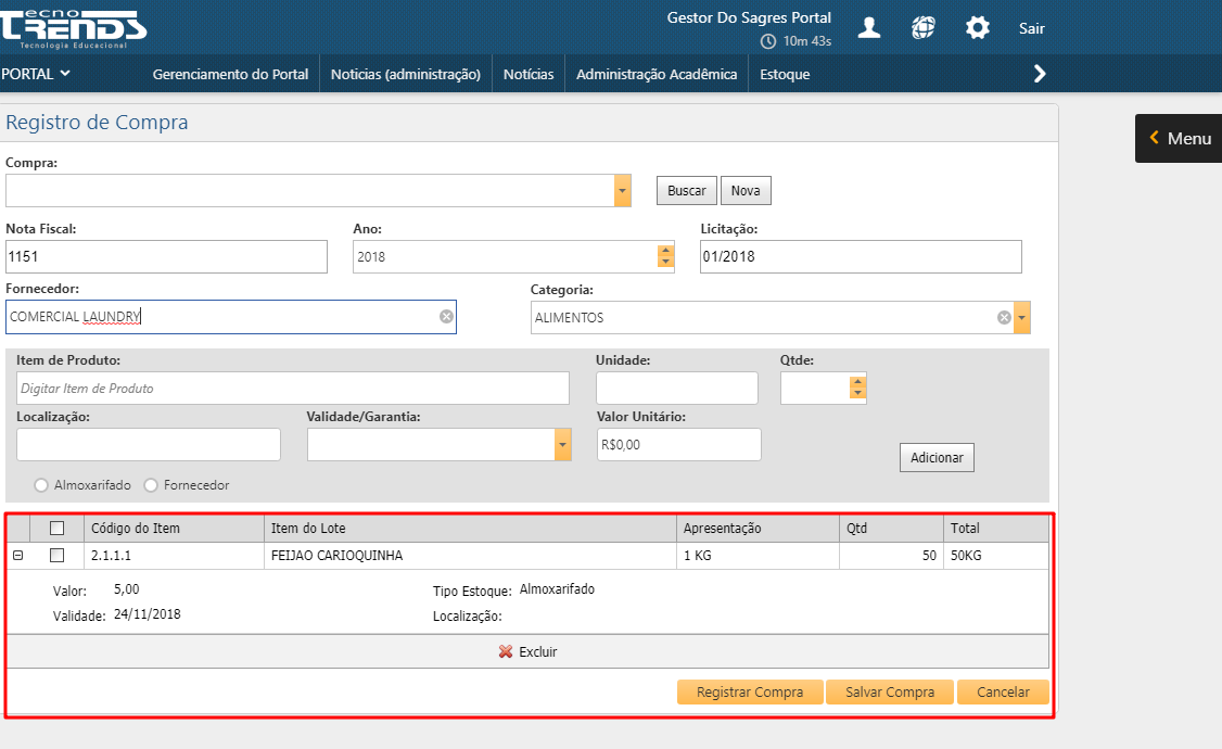 Registro de Compras - Adicionar registro