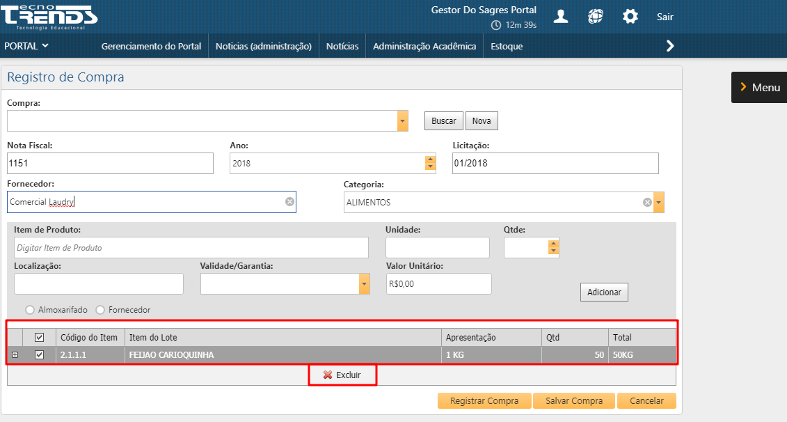 Registro de Compras - Excluir item