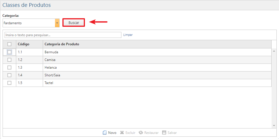 Interface - Classes e Produtos - Botão Buscar