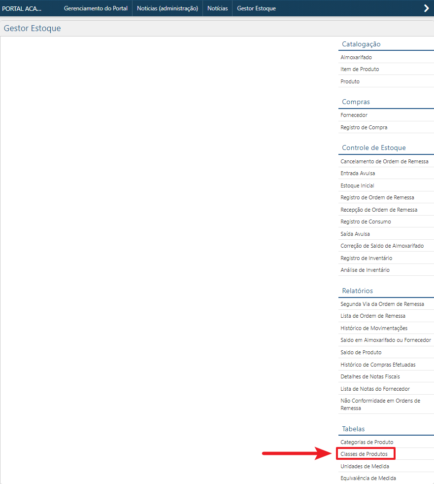 ​​Interface Menu Gestor Estoque- Tabelas- Classes de Produtos