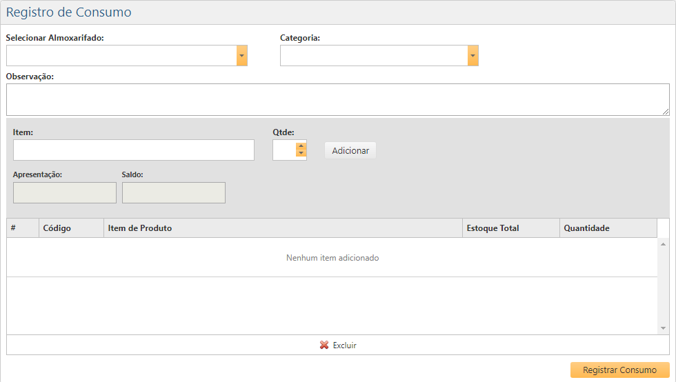 Interface Registro de Consumo
