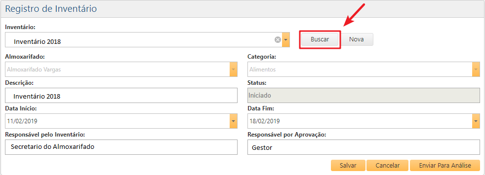 Interface Registro de Inventário - Exibir Inventário