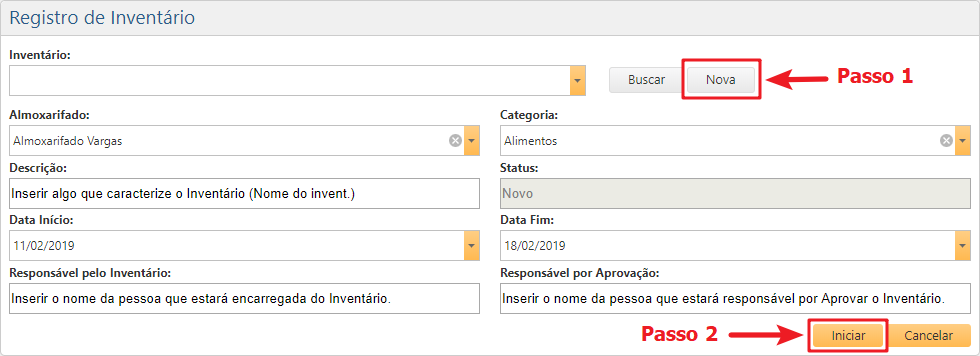 Interface Registro de Inventário - Criar Novo Inventário