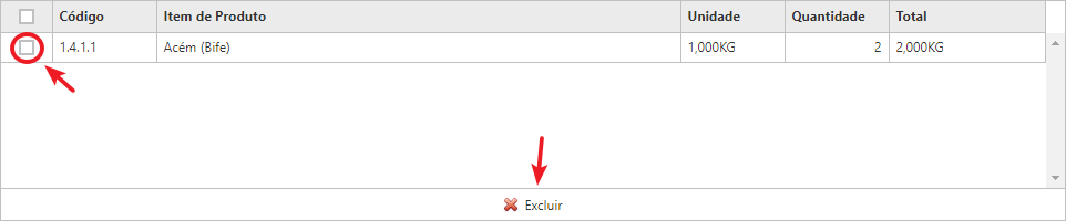 Interface Registro de Consumo - Excluir Item de Produto​