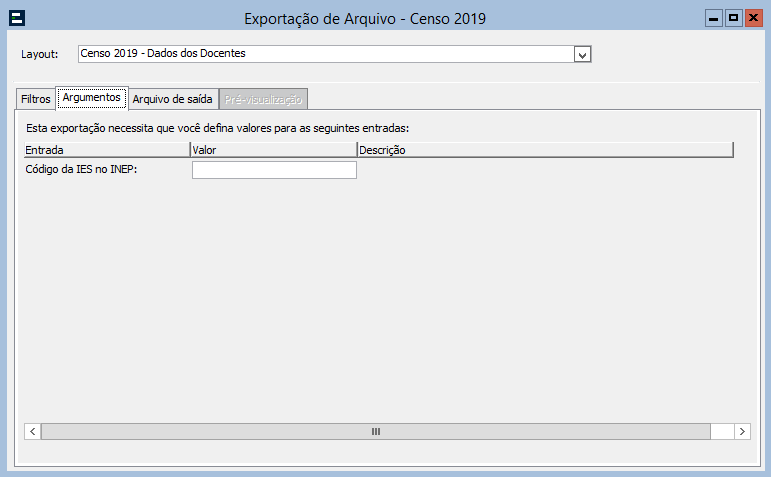 Exemplo da interface Exportação de Arquivo - Pasta Argumentos - Alunos