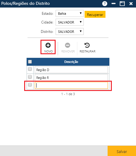 Tabela - Polo/Regiões do Distrito - Informando Dados
