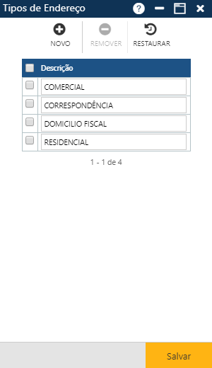 Tabela - Tipo de Endereço - Tela Inicial