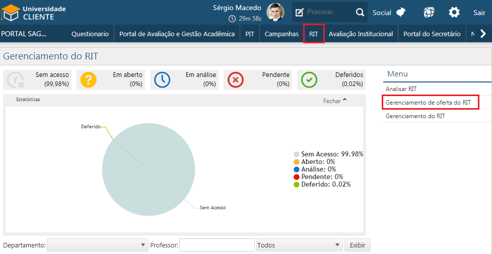 Gerenciamento de Oferta do RIT - Menu Principal