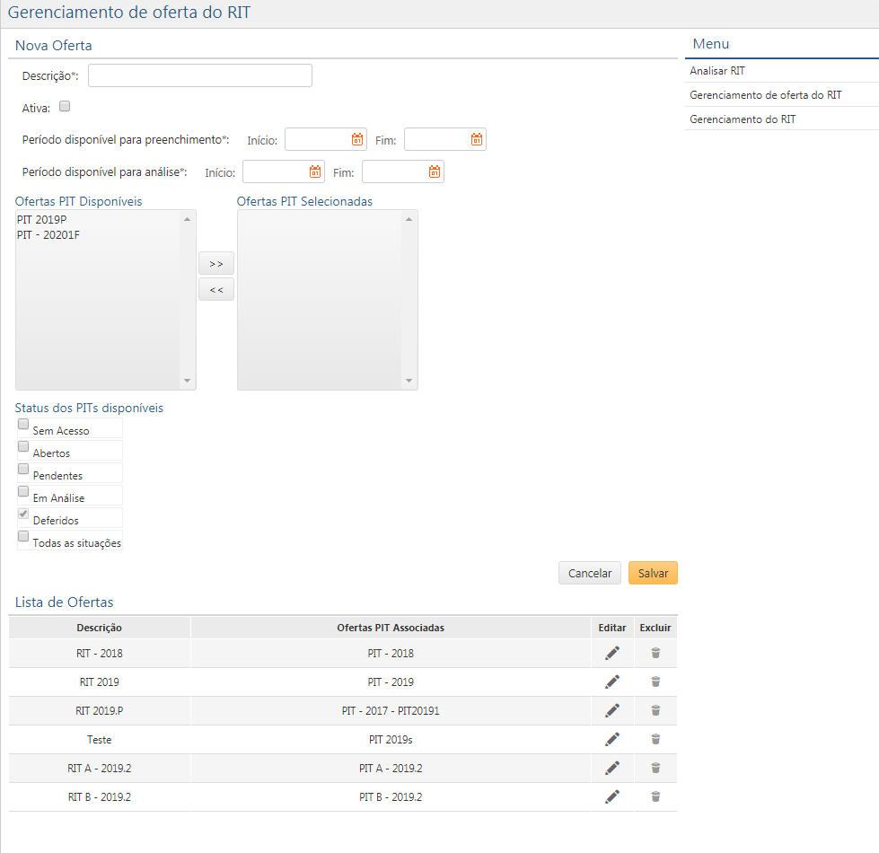 Gerenciamento de Oferta do RIT - Pagina Inicial