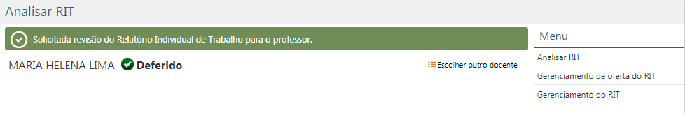 Interface Analisar PIT - Mensagem Após Enviar Solicitação de Revisão