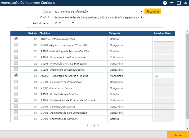 Interface Antecipação Componente Curricular - com dados