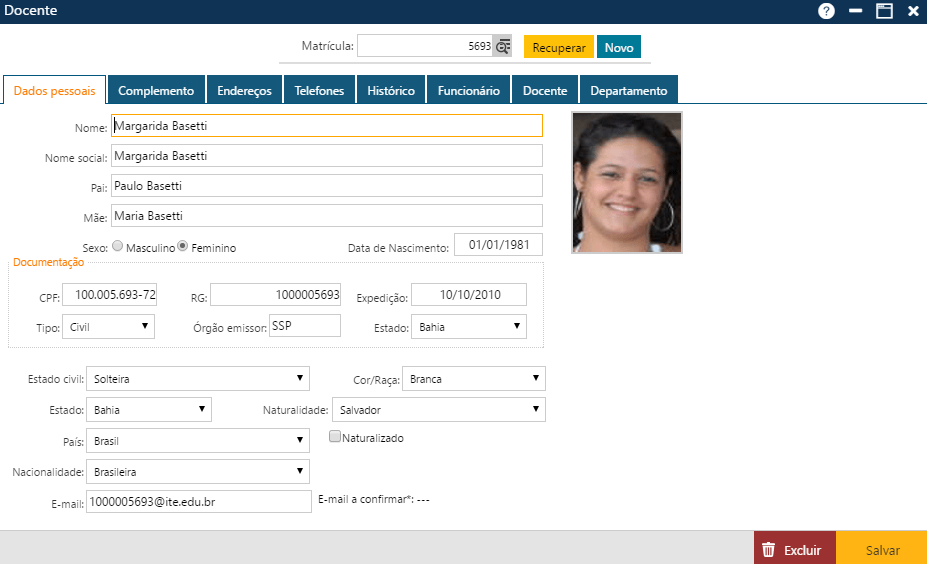 Interface Cadastro-Docentes-Pasta Dados Pessoais