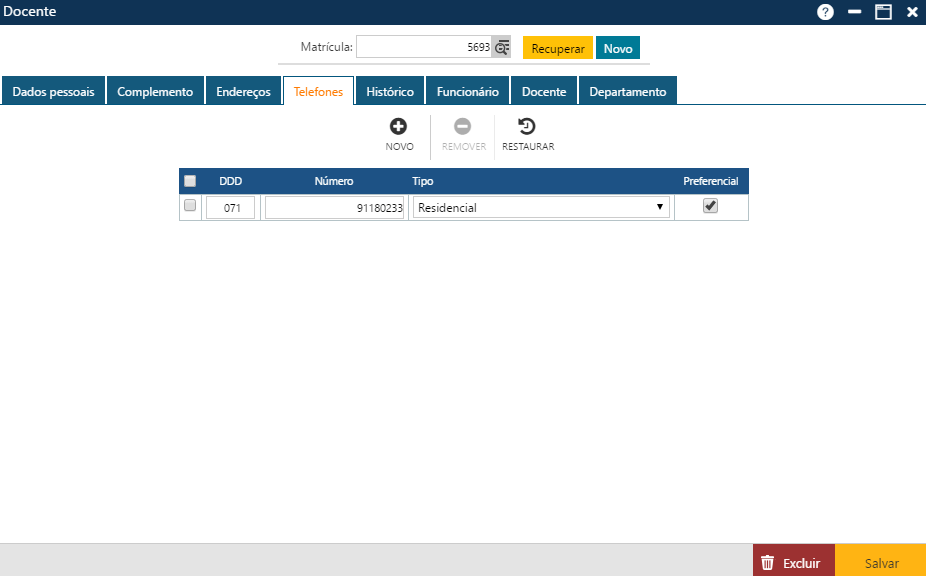 Interface Cadastro-Docentes-Pasta Telefones