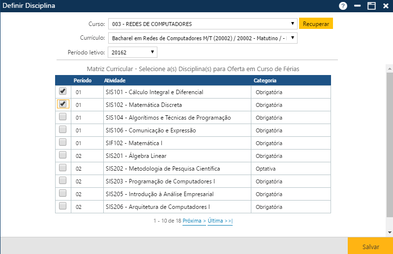Interface Definir Disciplina - com dados