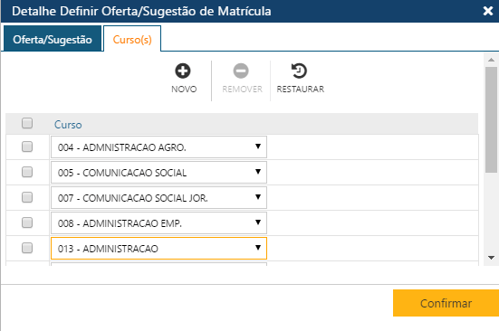 Interface DefinirOfertaSugestãoMatrícula-Pasta Cursos