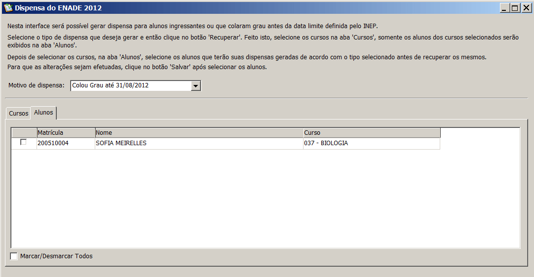 Interface Dispensa do ENADE - Pasta Alunos