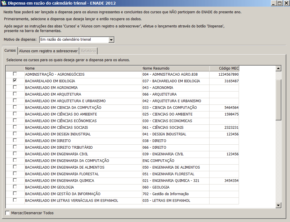 Interface Dispensa em razão do calendário trienal - pasta Cursos