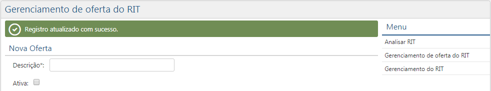 Interface Gereciamento de Oferta ​do RIT - Registro atualizado com sucesso​