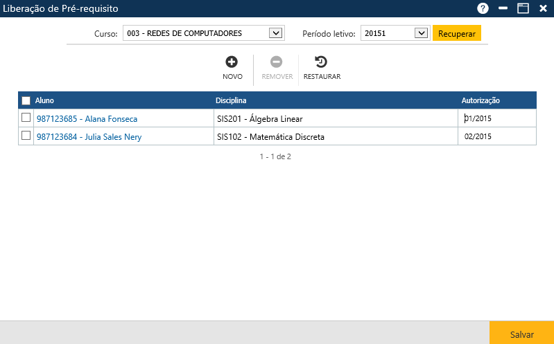 Interface Liberação de Pré-requisito -com dados