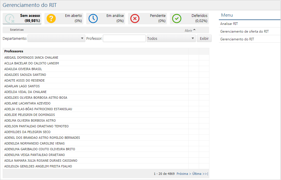 Interface Lista de RIT's