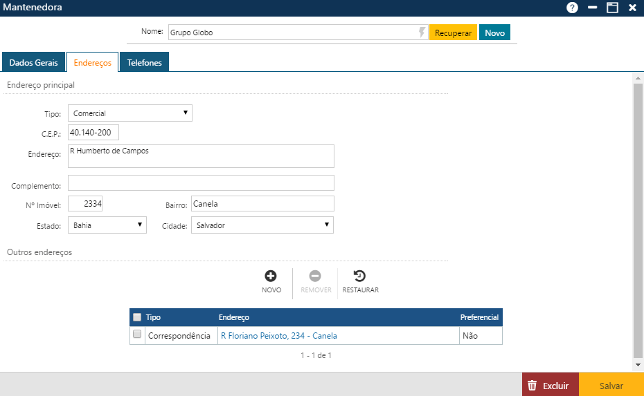 Interface Mantenedora - Pasta Endereços