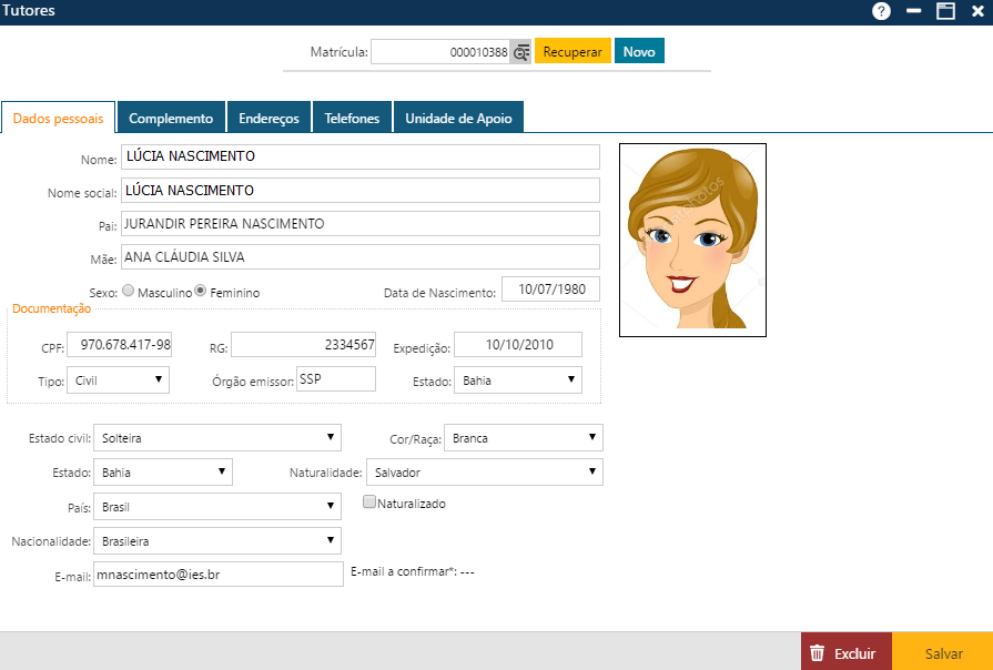 Interface Tutores - Pasta Dados Pessoais