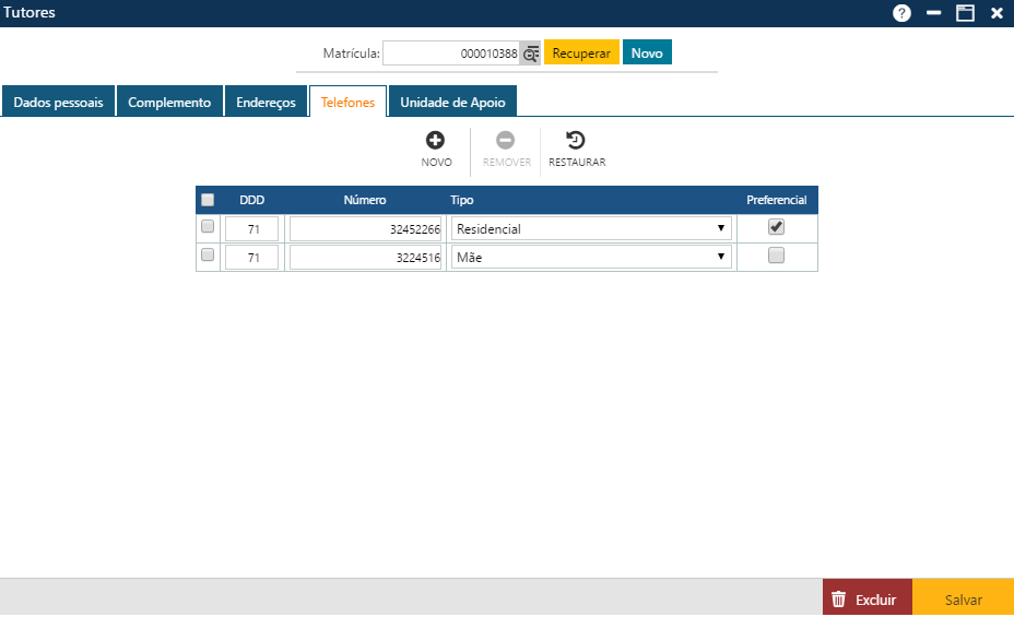 Interface Tutores - Pasta Telefones