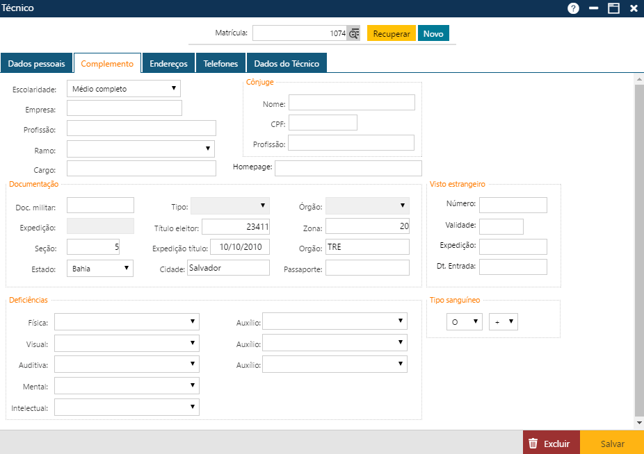 Interface Técnico - Pasta Complemento