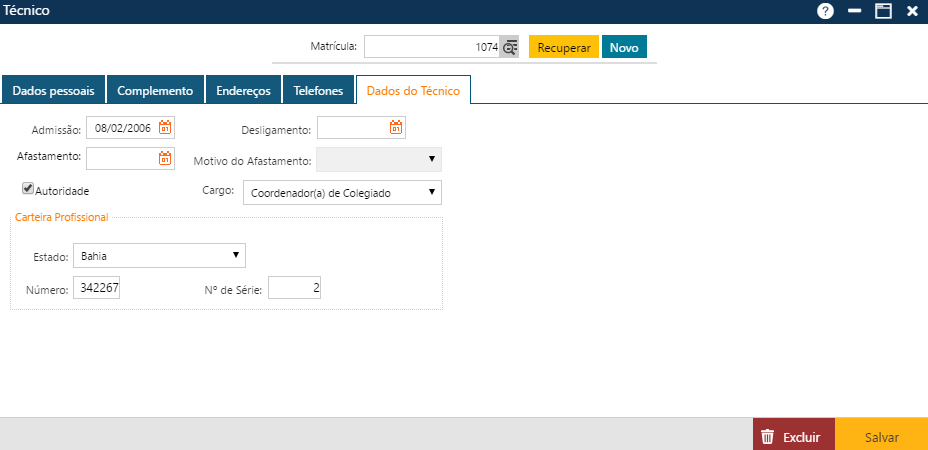 Interface Técnico - Pasta Dados do Técnico