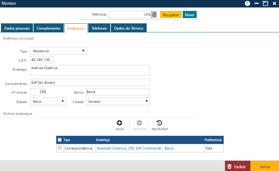 Interface Técnico - Pasta Endereços