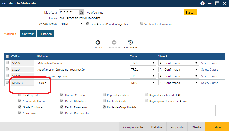 Interface apresentando a matrícula de um Aluno