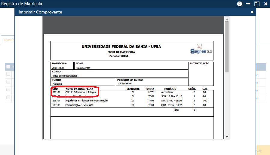 Interface apresentando o comprovante aparece discip da grade mas aluno se matriculou na equivalente