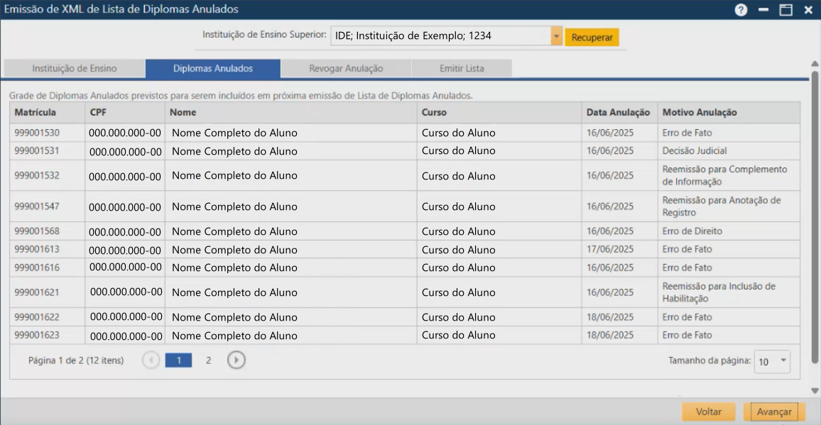Interface de Emissão de XML de Lista de Diplomas Anulados - aba Diplomas Anulados