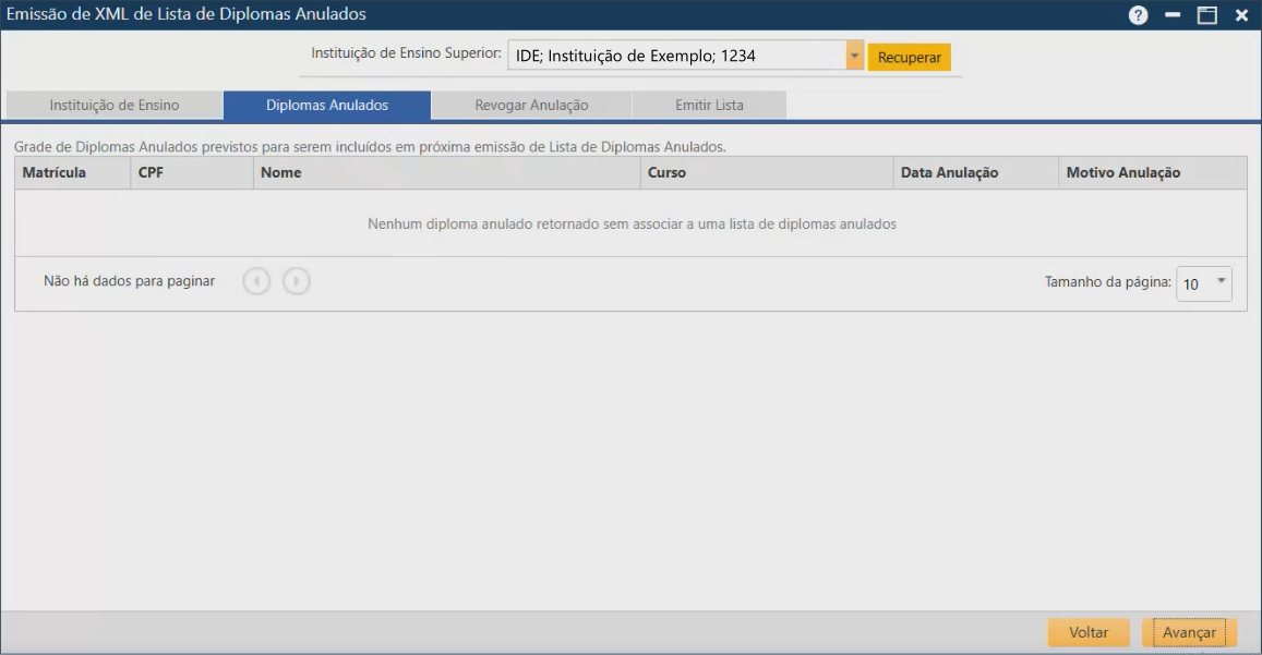 Interface de Emissão de XML de Lista de Diplomas Anulados - aba Diplomas Anulados - sem novos diplomas