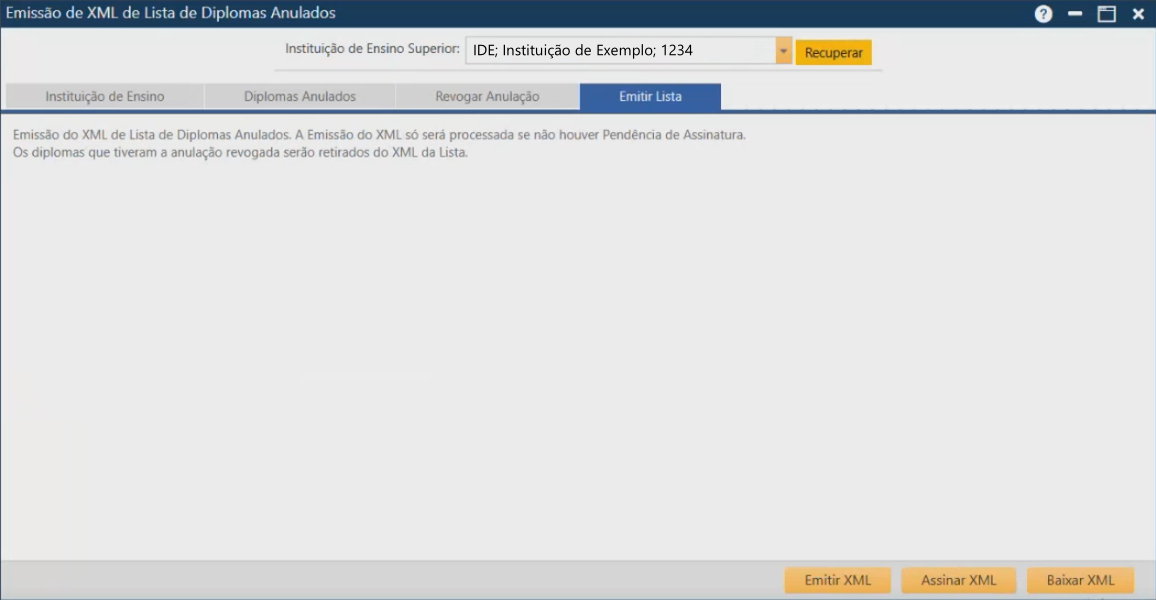 Interface de Emissão de XML de Lista de Diplomas Anulados - aba Emitir Lista