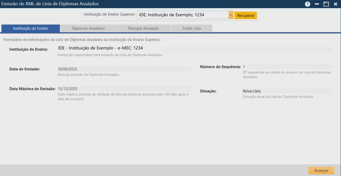 Interface de Emissão de XML de Lista de Diplomas Anulados - aba Instituição de Ensino