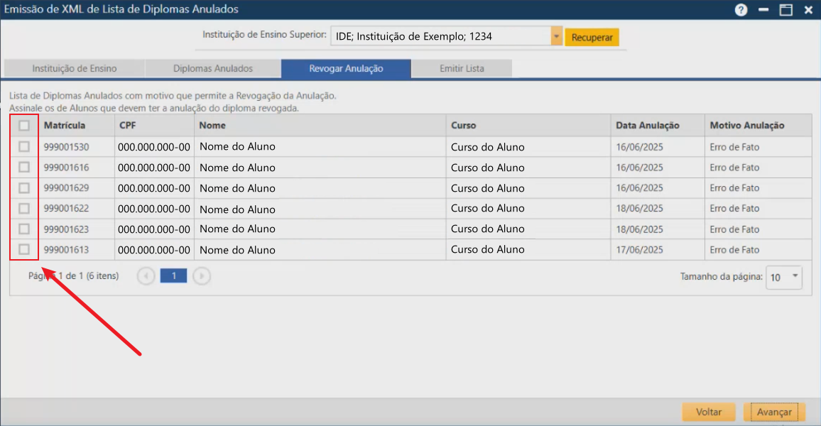 Interface de Emissão de XML de Lista de Diplomas Anulados - aba Revogar Anulação