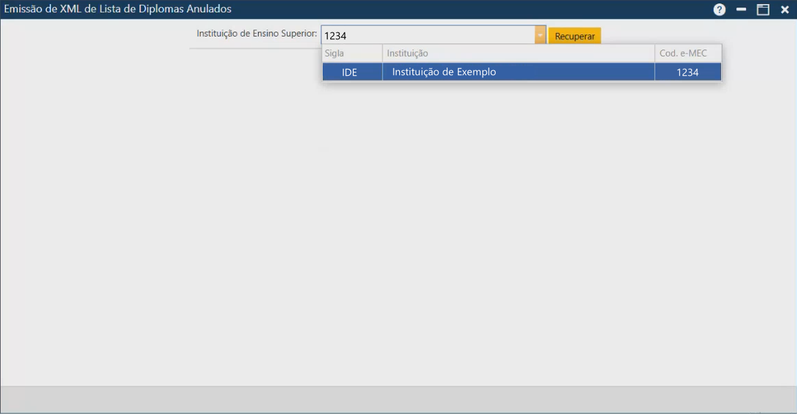 Interface de Emissão de XML de Lista de Diplomas Anulados - buscando instituição