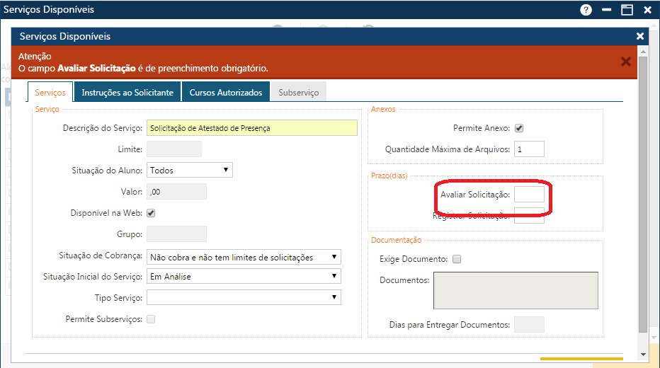 Mensagem Campo Avaliar Solicitação é obrigatório