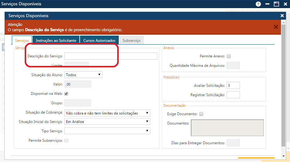 Mensagem Faltou a Descrição